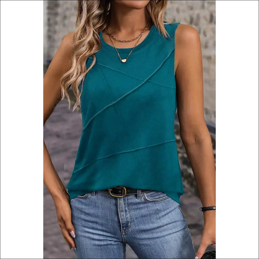 Elegant Blue Sapphire Round Neck Tank Top with Stitching Detail - Tops on Sale Worldwide Shipping