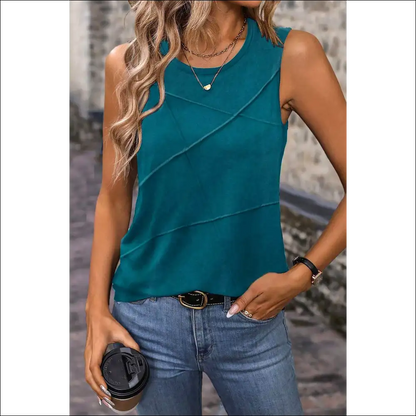 Elegant Blue Sapphire Round Neck Tank Top with Stitching Detail - s - Tops on Sale Worldwide Shipping