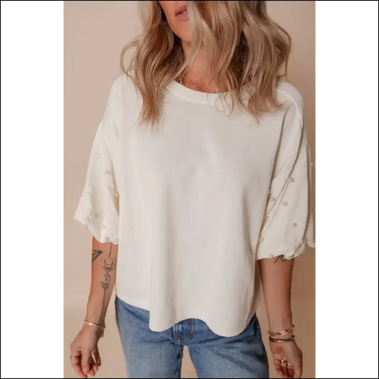 Elegant White Pearled Puff Sleeve Top Instant Upgrade - s - Blouses on Sale Worldwide Shipping