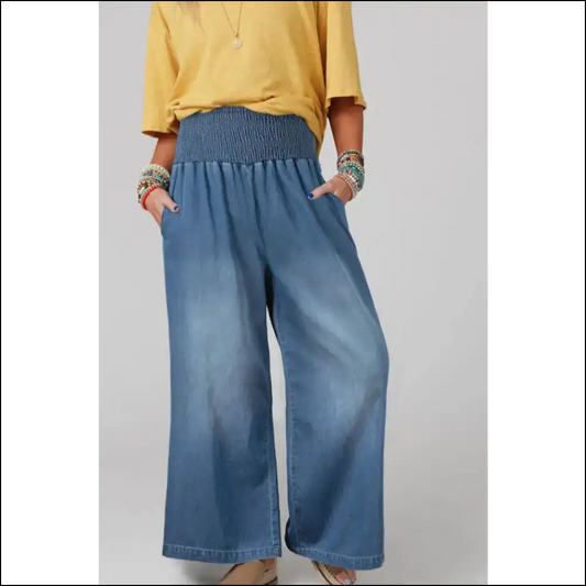 Escape the Ordinary: Chic Smocked Wide Leg Jeans for Fashion Rebels 👖✨ - Blue / m - on Sale Worldwide Shipping