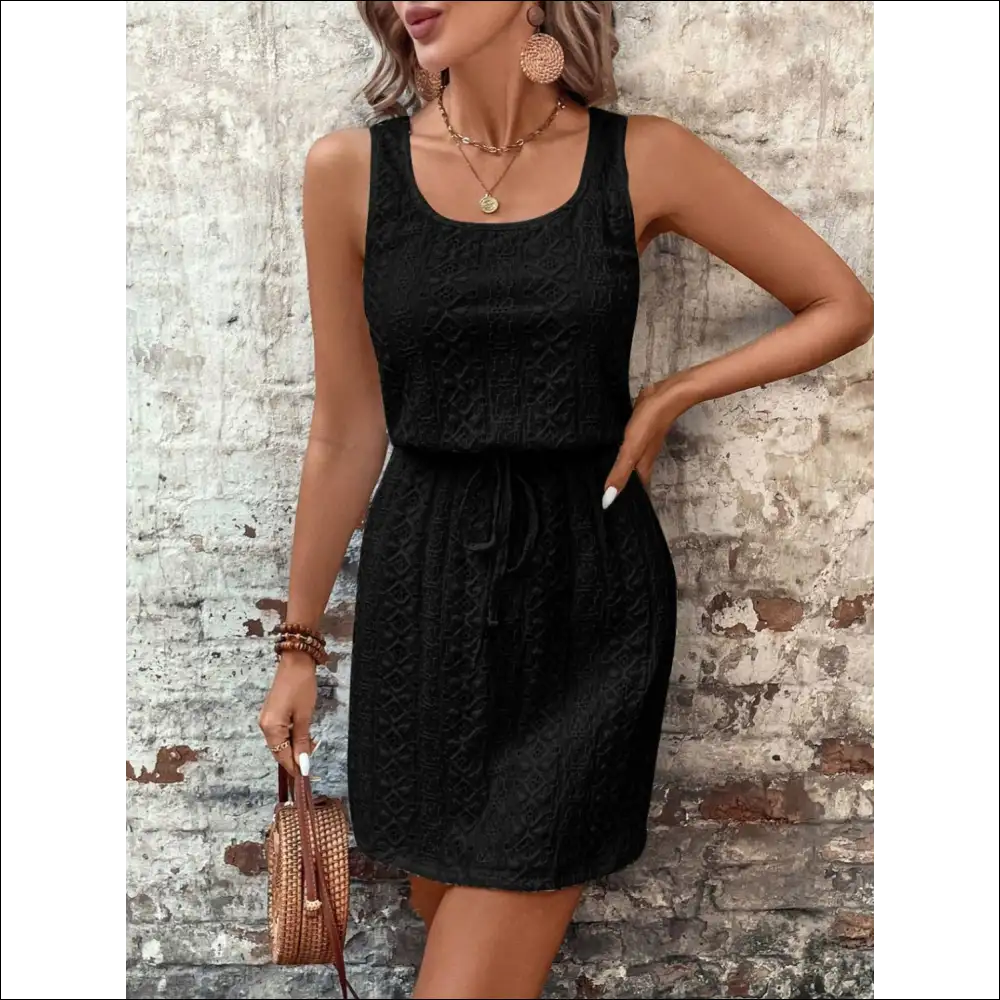 Chic Eyelet Drawstring Round Neck Sleeveless Dress - Black / 2xl - Dresses on Sale Worldwide Shipping