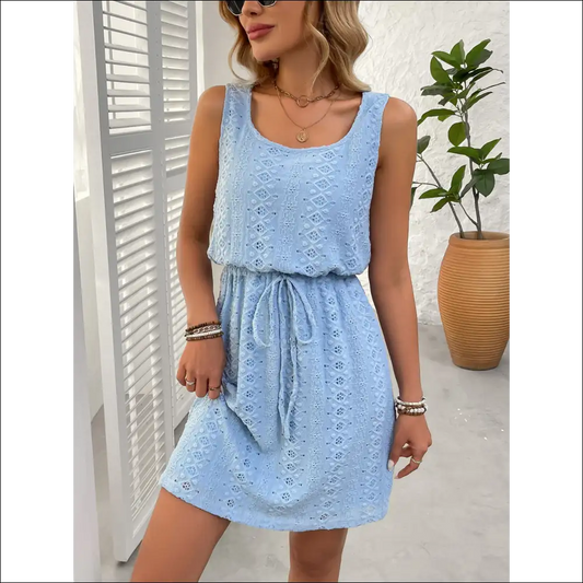 Chic Eyelet Drawstring Round Neck Sleeveless Dress - Light Blue / Xl - Dresses on Sale Worldwide Shipping