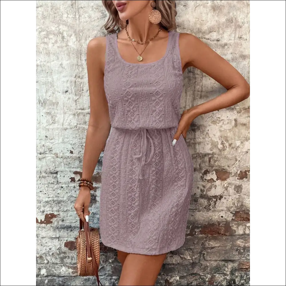 Chic Eyelet Drawstring Round Neck Sleeveless Dress - Lavender / s - Dresses on Sale Worldwide Shipping