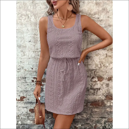Chic Eyelet Drawstring Round Neck Sleeveless Dress - Lavender / s - Dresses on Sale Worldwide Shipping