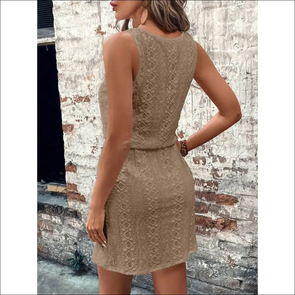 Chic Eyelet Drawstring Round Neck Sleeveless Dress - Dresses on Sale Worldwide Shipping