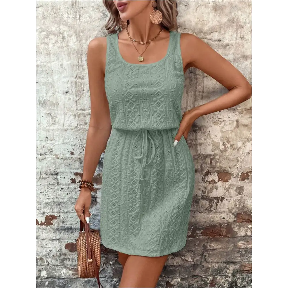 Chic Eyelet Drawstring Round Neck Sleeveless Dress - Sage / Xl - Dresses on Sale Worldwide Shipping