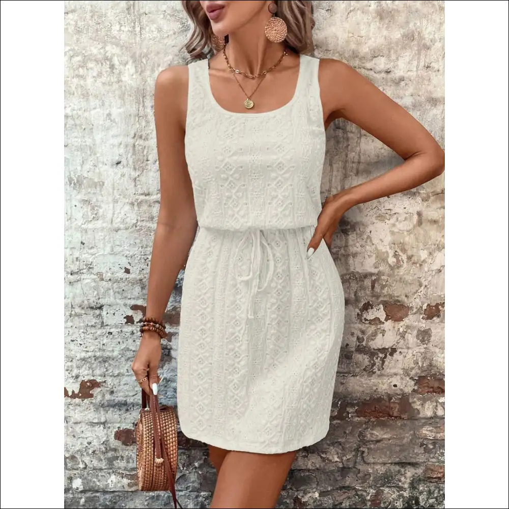 Chic Eyelet Drawstring Round Neck Sleeveless Dress - White / l - Dresses on Sale Worldwide Shipping