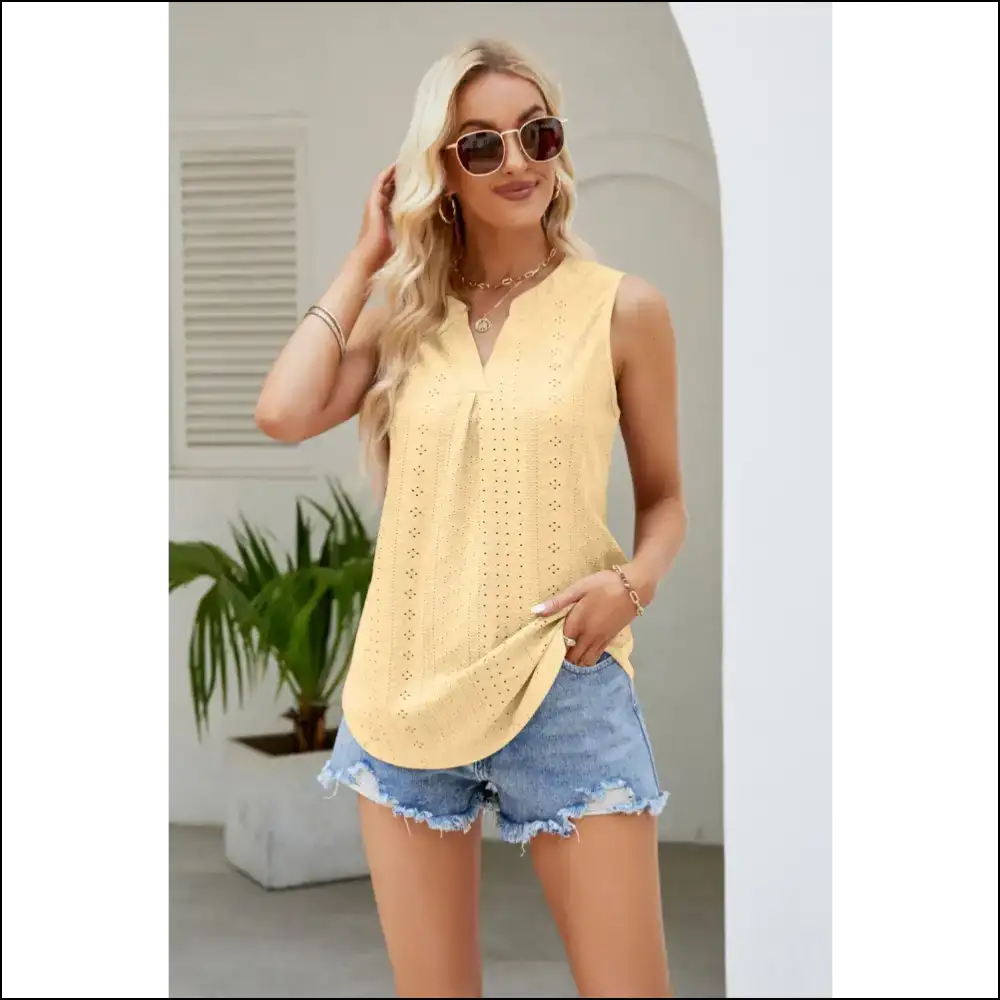 Eyelet Elegance: Notched Neck Curved Hem Tank - Yellow / 2xl - Tops on Sale Worldwide Shipping