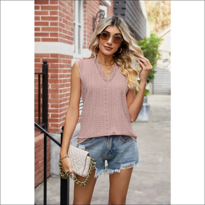 Eyelet Lace Trim Tank Tops: where Class Meets Confidence and Sass! 💁‍♀️✨ - Tops on Sale Worldwide Shipping