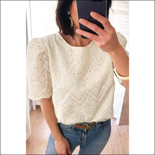 Eyelet See you Later: the Puff Sleeve Blouse of your Dreams! Needful Things 🤩 - Beige / s - Blouses on Sale Worldwide Shipping