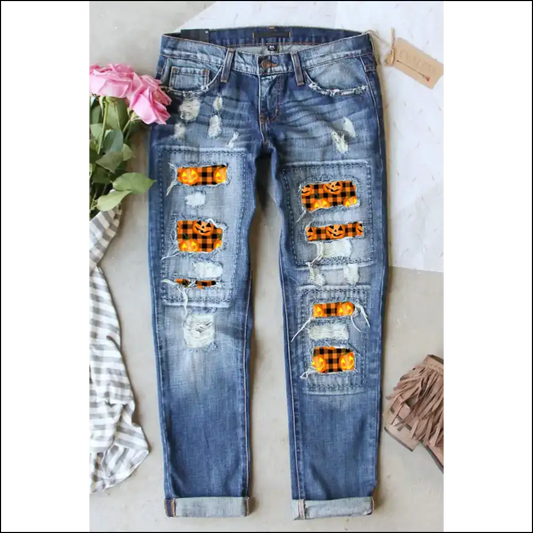 Fall Into Fashion with Distressed Pumpkin Pattern Jeans - Spooktacular Style! 🎃 - Medium / 4 - on Sale Worldwide Shipping