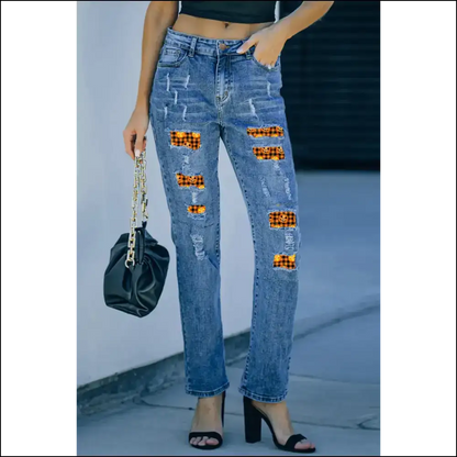Fall Into Fashion with Distressed Pumpkin Pattern Jeans - Spooktacular Style! 🎃 - on Sale Worldwide Shipping