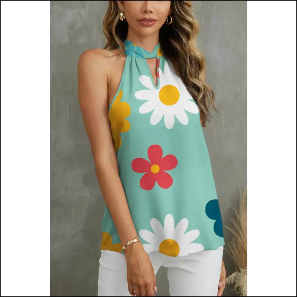Fam-fam Flower Grecian Neck Tank - Light Green / l - Tops on Sale Worldwide Shipping
