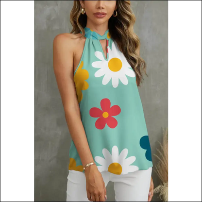 Fam-fam Flower Grecian Neck Tank - Light Green / l - Tops on Sale Worldwide Shipping