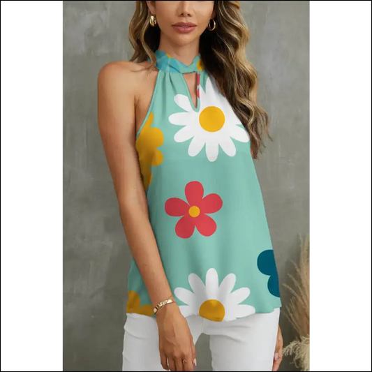 Fam-fam Flower Grecian Neck Tank - Light Green / l - Tops on Sale Worldwide Shipping