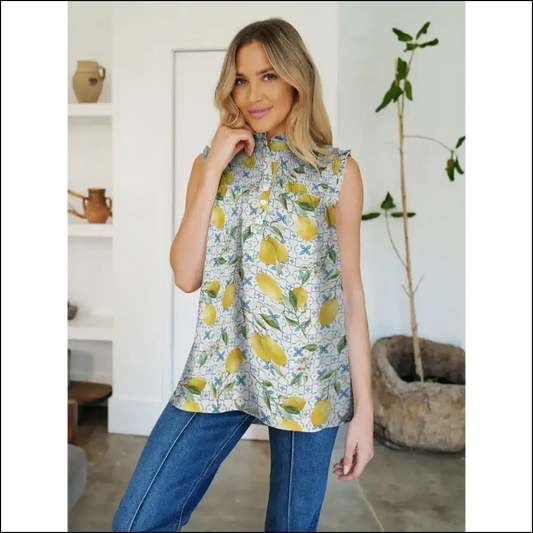 Fam-fam Frill Printed Mock Neck Top - Green / s - Tank Tops on Sale Worldwide Shipping