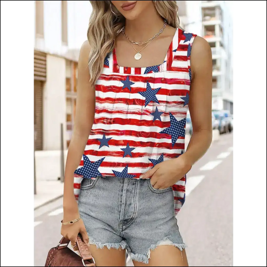 Fam-fam Star Striped Square Neck Tank - Red / s - Tops on Sale Worldwide Shipping