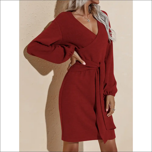 Fam-fam Surplice Long Sleeve Mini Dress - Dark Brown / Xl - Dresses on Sale Worldwide Shipping