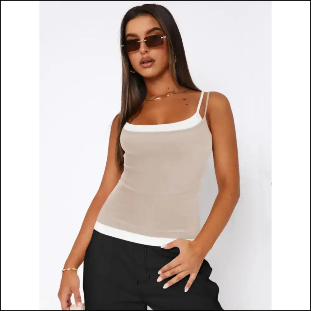 Faux Layered Square Neck Cropped Cami - Sand / Xs - Tank Tops on Sale Worldwide Shipping
