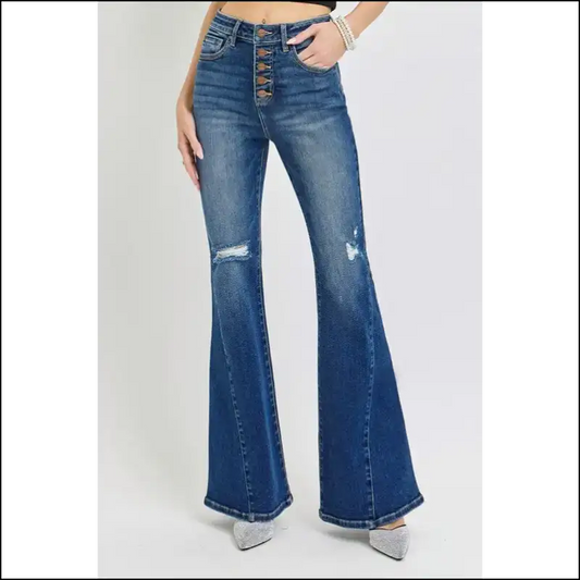 Flare it Up: Risen Distressed Button-fly Jeans for the Bold and Beautiful! - Dark / 0(24) - on Sale Worldwide Shipping