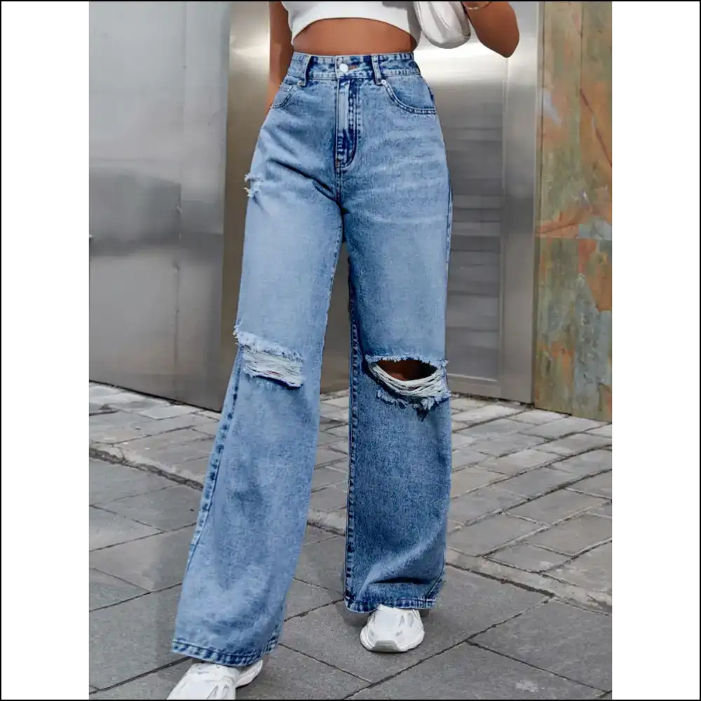 Flaunt your Fabulous Self in Chic Distressed Wide Leg Jeans at Needful Things! 😎✨ - Medium / Xs - on Sale Worldwide Shipping