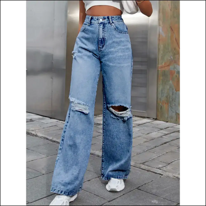 Flaunt your Fabulous Self in Chic Distressed Wide Leg Jeans at Needful Things! 😎✨ - Medium / Xs - on Sale Worldwide Shipping
