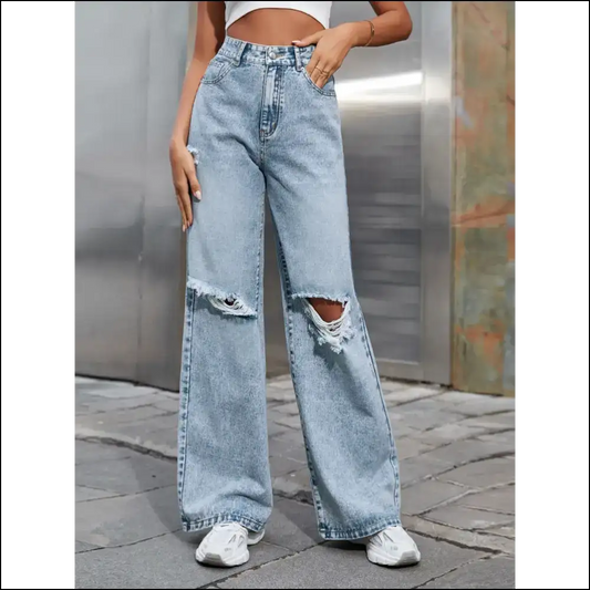 Flaunt your Fabulous Self in Chic Distressed Wide Leg Jeans at Needful Things! 😎✨ - Light / Xs - on Sale Worldwide Shipping