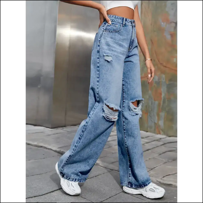 Flaunt your Fabulous Self in Chic Distressed Wide Leg Jeans at Needful Things! 😎✨ - on Sale Worldwide Shipping