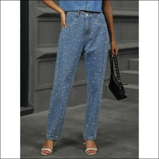 Flaunt your Fabulousness in Needful Things Pearl Detail Straight Jeans! 😍👖 - Sage / s - Jeans on Sale Worldwide Shipping