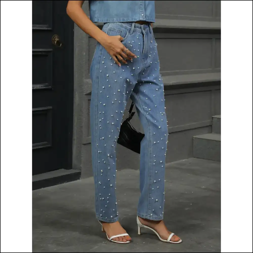 Flaunt your Fabulousness in Needful Things Pearl Detail Straight Jeans! 😍👖 - Jeans on Sale Worldwide Shipping
