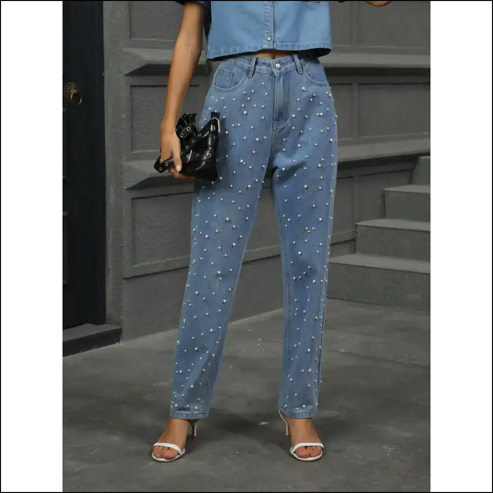 Flaunt your Fabulousness in Needful Things Pearl Detail Straight Jeans! 😍👖 - Jeans on Sale Worldwide Shipping