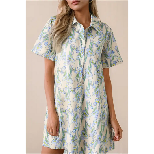 Flirty Green Floral Mini Dress with Half Buttons - s - Short Dresses on Sale Worldwide Shipping