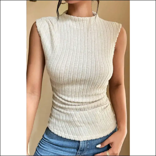 Flirty Ribbed Mock Neck Slim Tank - Cream / m - Tops on Sale Worldwide Shipping