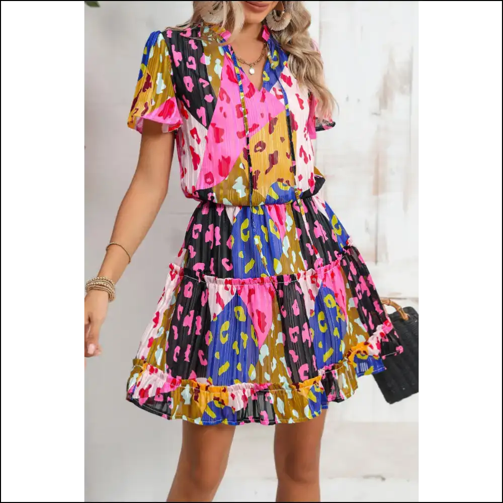Flirty Rose Leopard Mini Dress: Dress Like you Owe the Devil Money 😈 - s - Short Dresses on Sale Worldwide Shipping