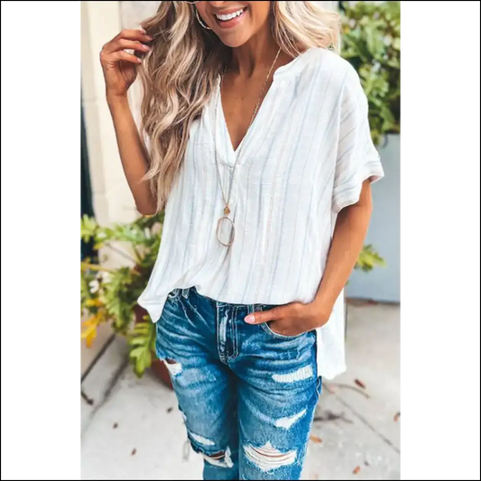Flirty Striped V-neck Blouse: Work Hard Slay Harder 💅 Needful Things - Stripe / s - Blouses on Sale Worldwide Shipping