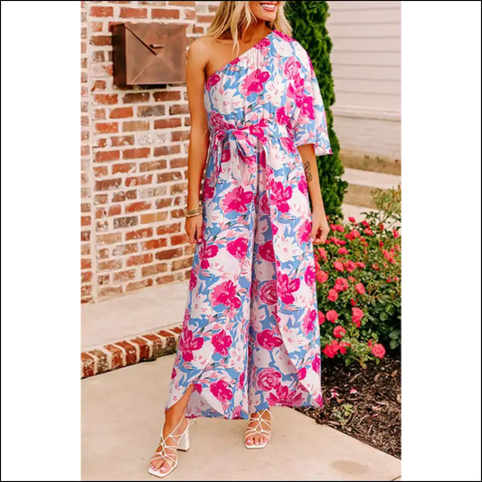 Floral Asymmetrical Jumpsuit: one Shoulder to Rule them All! 🌸 Needful Things - Pink / s - Jumpsuits & Rompers on Sale Worldwide Shipping