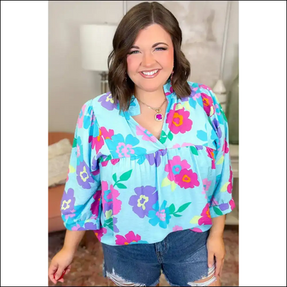 Floral Babydoll Blouse: Light Blue Big Mood Blooms 💙 Needful Things - Plus Size Tops on Sale Worldwide Shipping