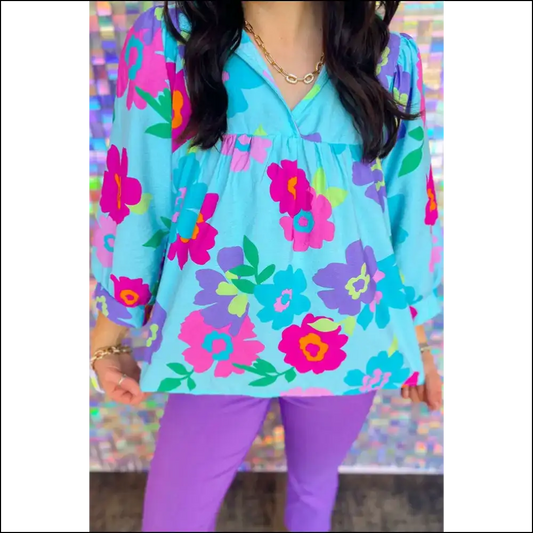 Floral Babydoll Blouse: Light Blue Big Mood Blooms 💙 Needful Things - 1x - Plus Size Tops on Sale Worldwide Shipping