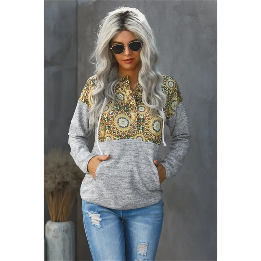 Floral Drawstring Half Snap Hoodie - Light Gray / s - Hoodies Sweatshirts & on Sale Worldwide Shipping