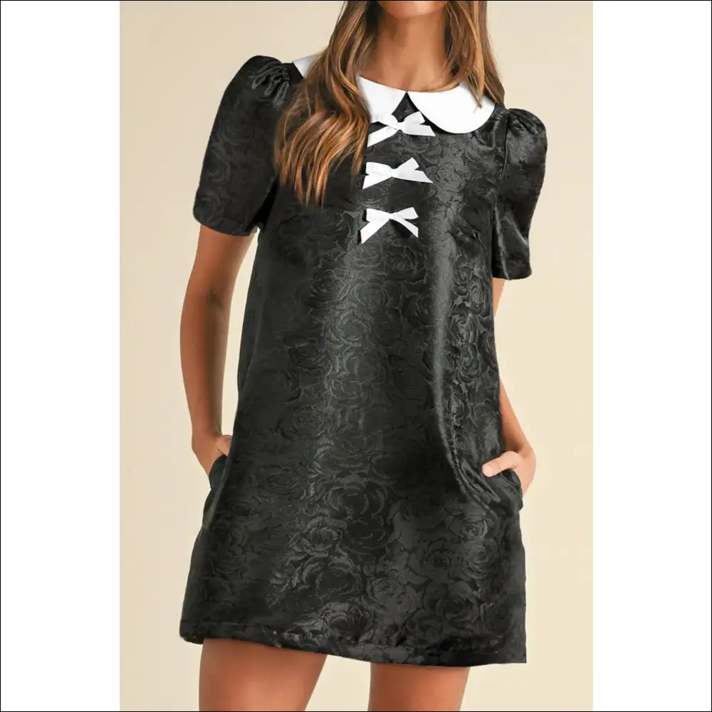 Floral Embossed Puff Sleeve Mini Dress with Bow Collar - Black / m - Dresses on Sale Worldwide Shipping