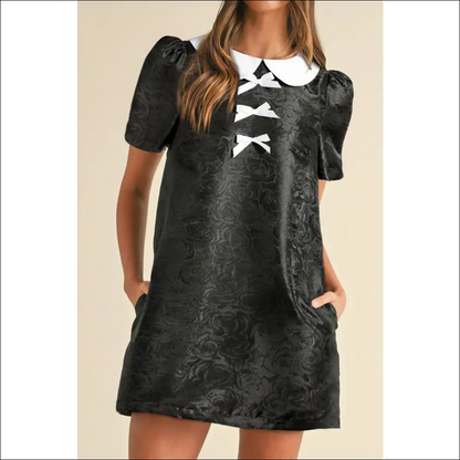 Floral Embossed Puff Sleeve Mini Dress with Bow Collar - Black / m - Dresses on Sale Worldwide Shipping