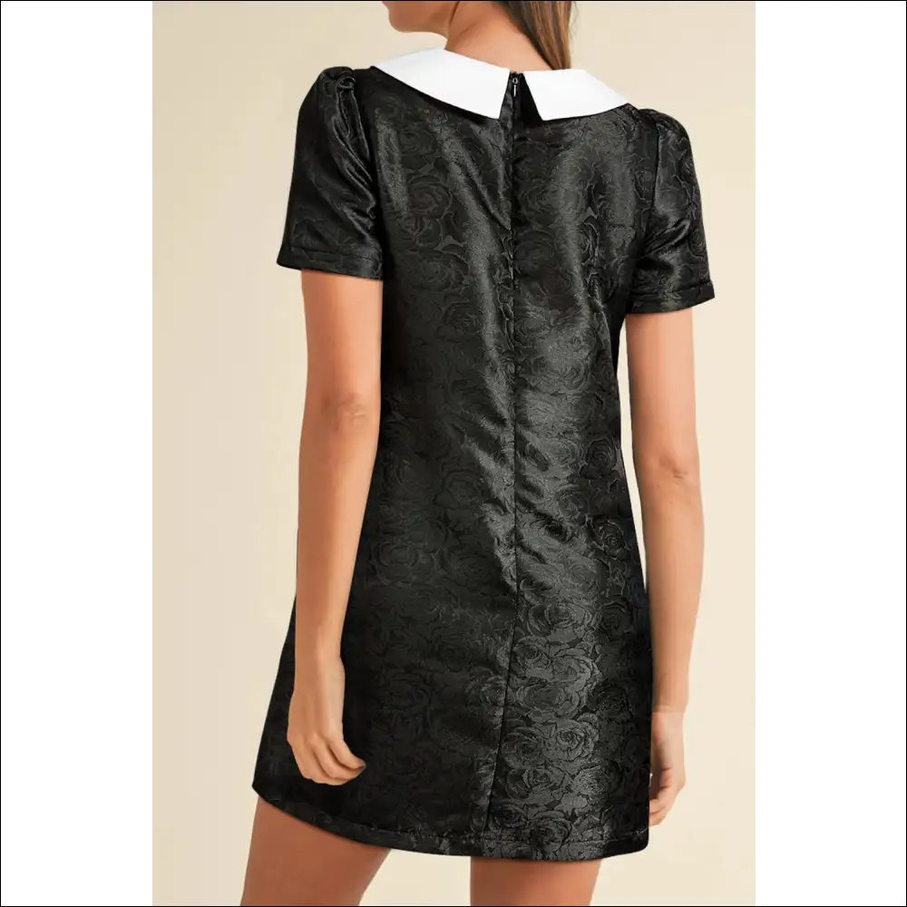 Floral Embossed Puff Sleeve Mini Dress with Bow Collar - Dresses on Sale Worldwide Shipping