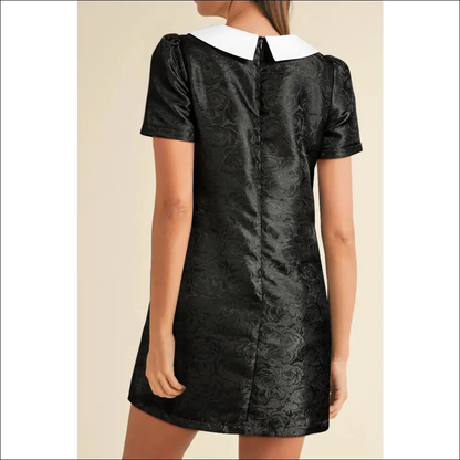 Floral Embossed Puff Sleeve Mini Dress with Bow Collar - Dresses on Sale Worldwide Shipping