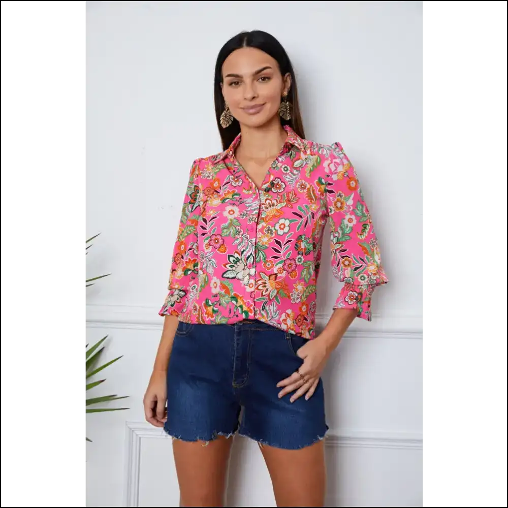 Floral Flounce Sleeve Button-up Shirt - Dusty Red / Xl - Blouses on Sale Worldwide Shipping
