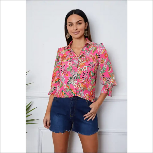 Floral Flounce Sleeve Button-up Shirt - Dusty Red / Xl - Blouses on Sale Worldwide Shipping
