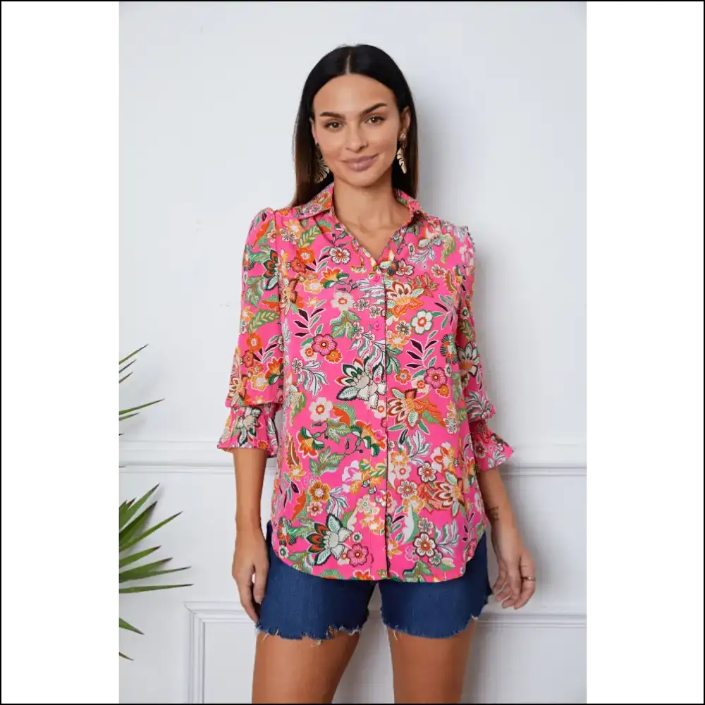 Floral Flounce Sleeve Button-up Shirt - Blouses on Sale Worldwide Shipping