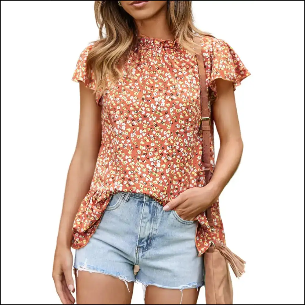 Floral Flutter Sleeve Frill Trim Blouse - Blouses on Sale Worldwide Shipping