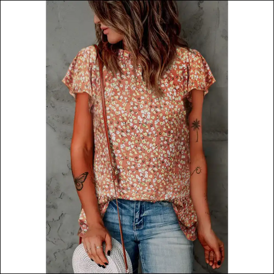 Floral Flutter Sleeve Frill Trim Blouse - Tangerine / l - Blouses on Sale Worldwide Shipping