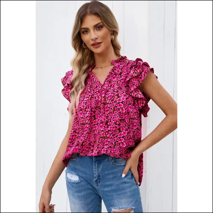 Floral Flutter Sleeve Notched Neck Blouse - Blouses on Sale Worldwide Shipping