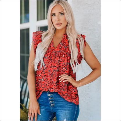 Floral Flutter Sleeve Notched Neck Blouse - Red / s - Blouses on Sale Worldwide Shipping